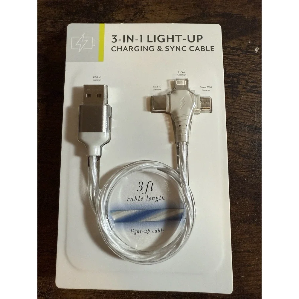 Charging & Sync Cable 3-in-1 Vivitar Light-Up Braided‎ Charger 3 ft